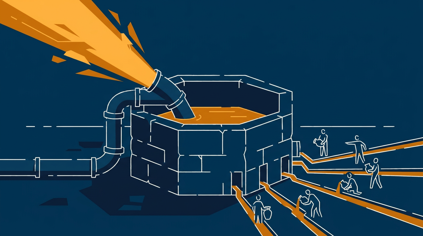 Illustration: ein Steinbrunnen, aus dem ein großes Rohr einen kräftigen Strom herauspumpt, während die kleinen Zuflüsse der Menschen fast versiegt sind.