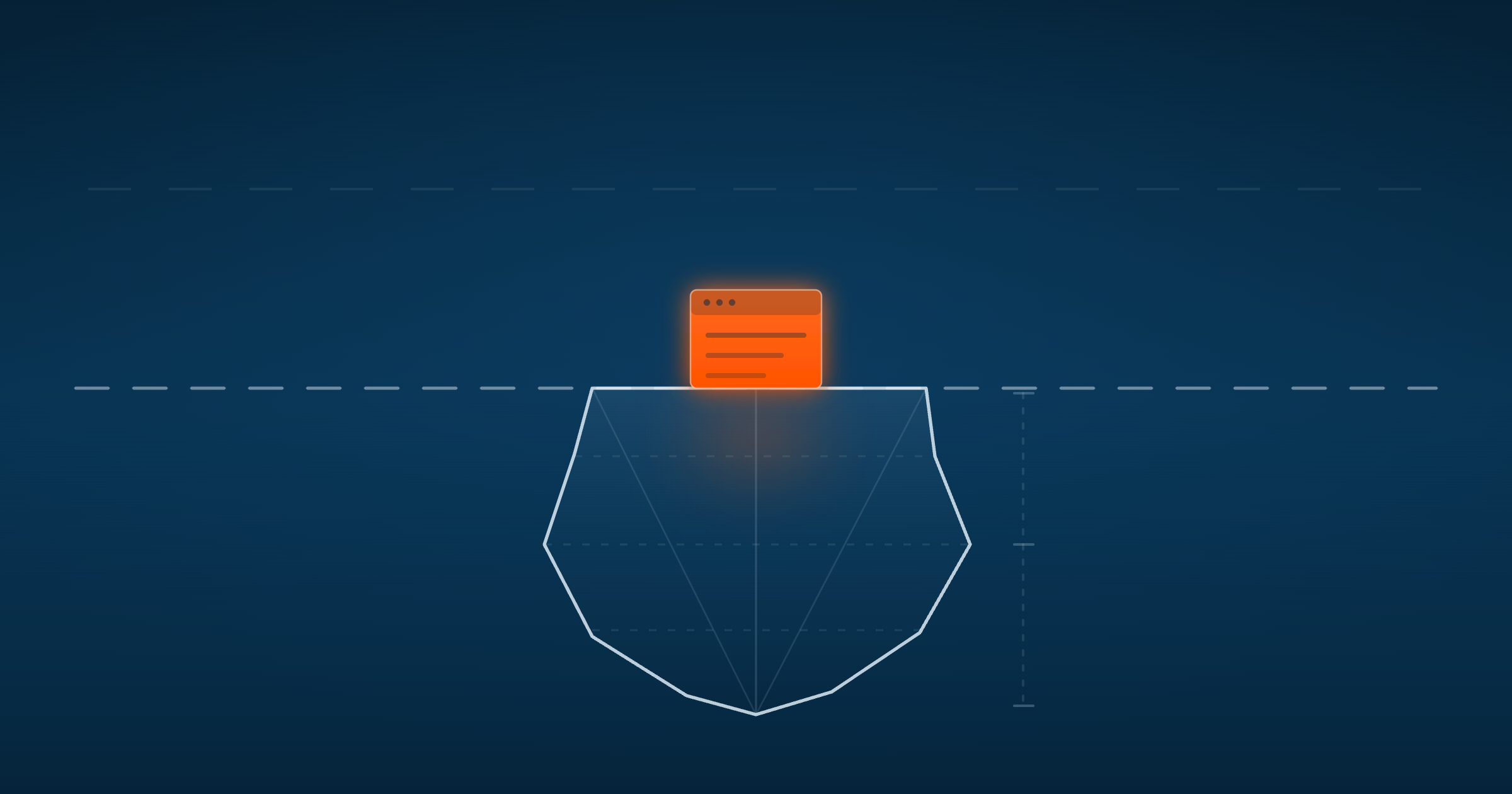 Ein weiß umrissener Kleider-Anhänger auf dunklem Navy. Sein glänzend oranger Kopfbereich deutet das schöne Frontend an, während der untere Rand in lose orange Fäden aufribbelt. Dahinter ein Stapel identischer Anhänger als Sinnbild für Massenware.